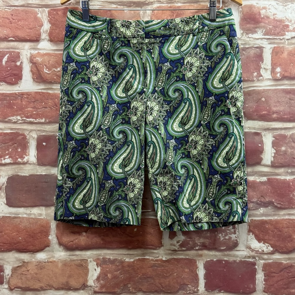 Talbots Bermuda Shorts Women's 8 Green Multicolor Boho Floral Casual Zip Up